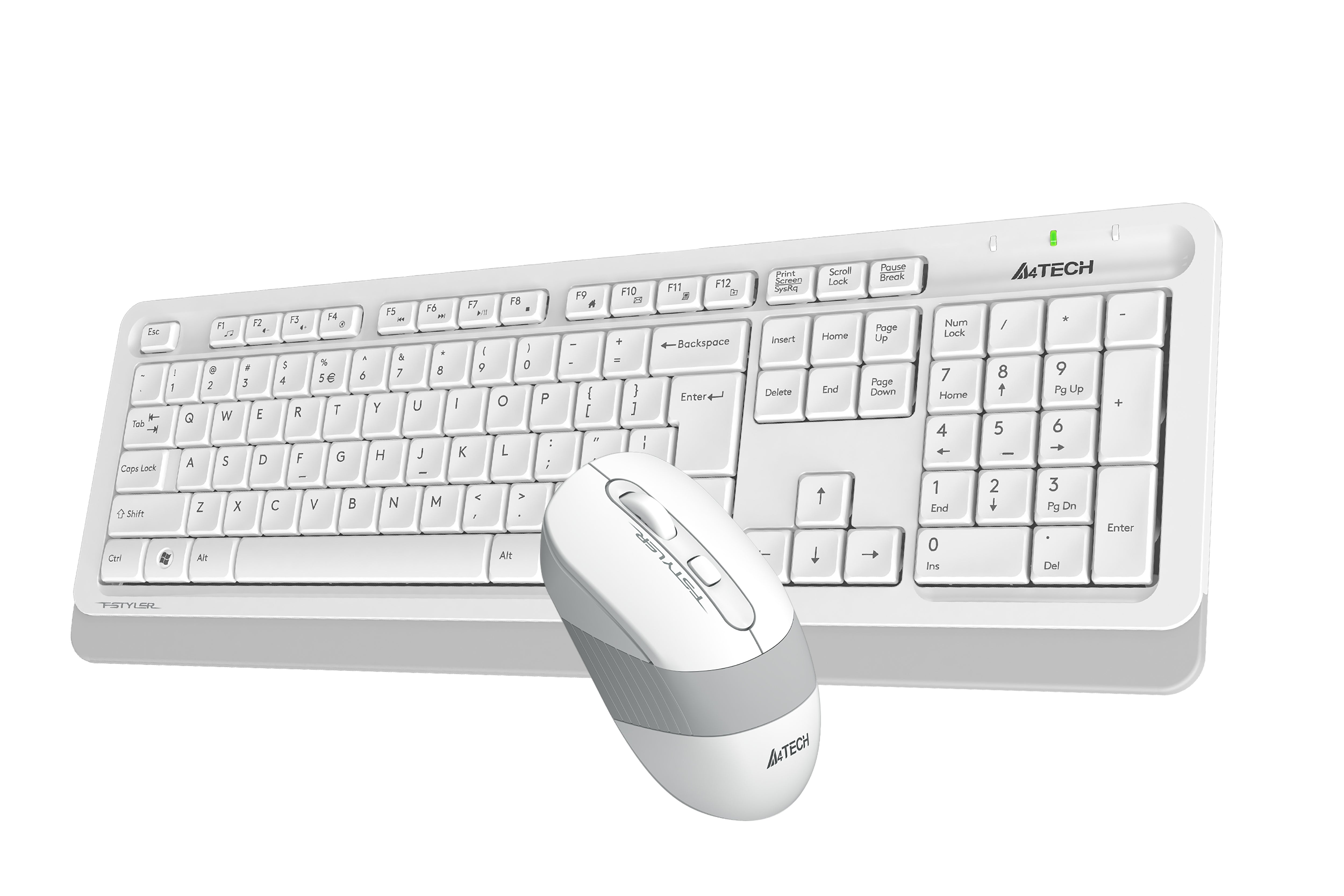 A4Tech FG1010S 2.4G Wireless Desktop Set White with quiet keys, sleek mouse, and durable performance in Pakistan
