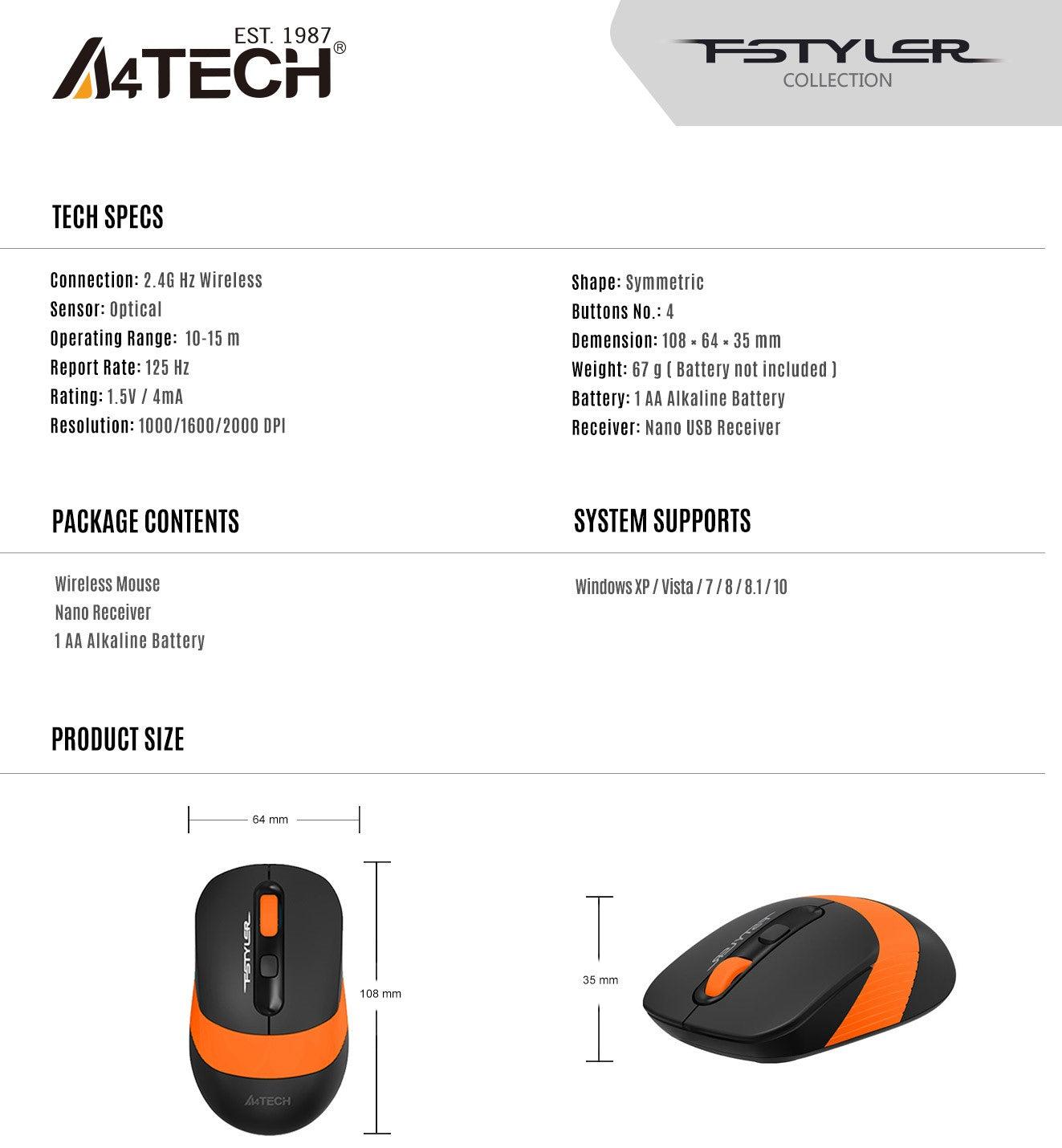 A4Tech FG10S 2.4G Wireless Mouse Auto-Channel Sort 2000 DPI 3-Level Adjustable 63 4 54bdadbf cb9e 4eb4 8c9d 71d8ae112f53