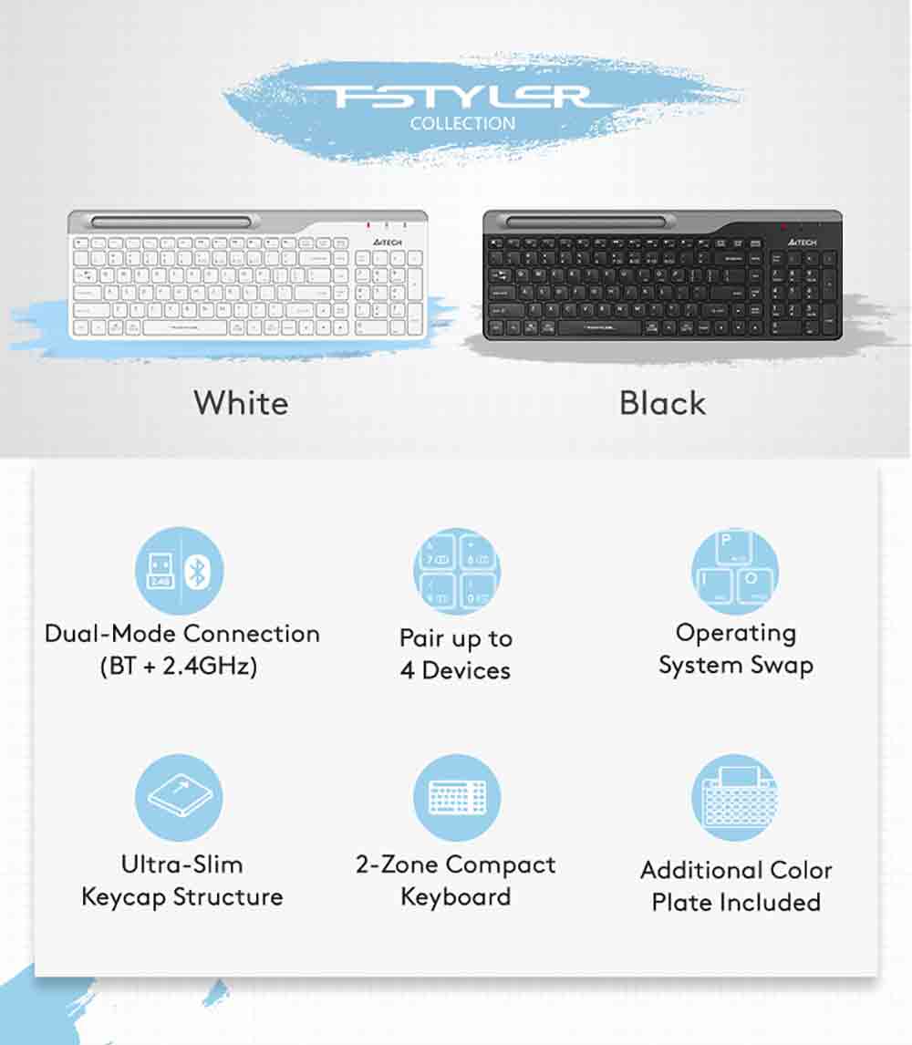 A4Tech FBK25 QuietKey Bluetooth & 2.4G Wireless Keyboard with Phone Holder Multi Devices 43 FBK25 EN PD 20221020 2