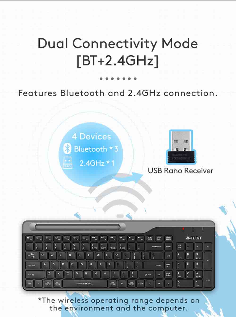 A4Tech FBK25 QuietKey Bluetooth & 2.4G Wireless Keyboard with Phone Holder Multi Devices 46 FBK25 EN PD 20221020 5