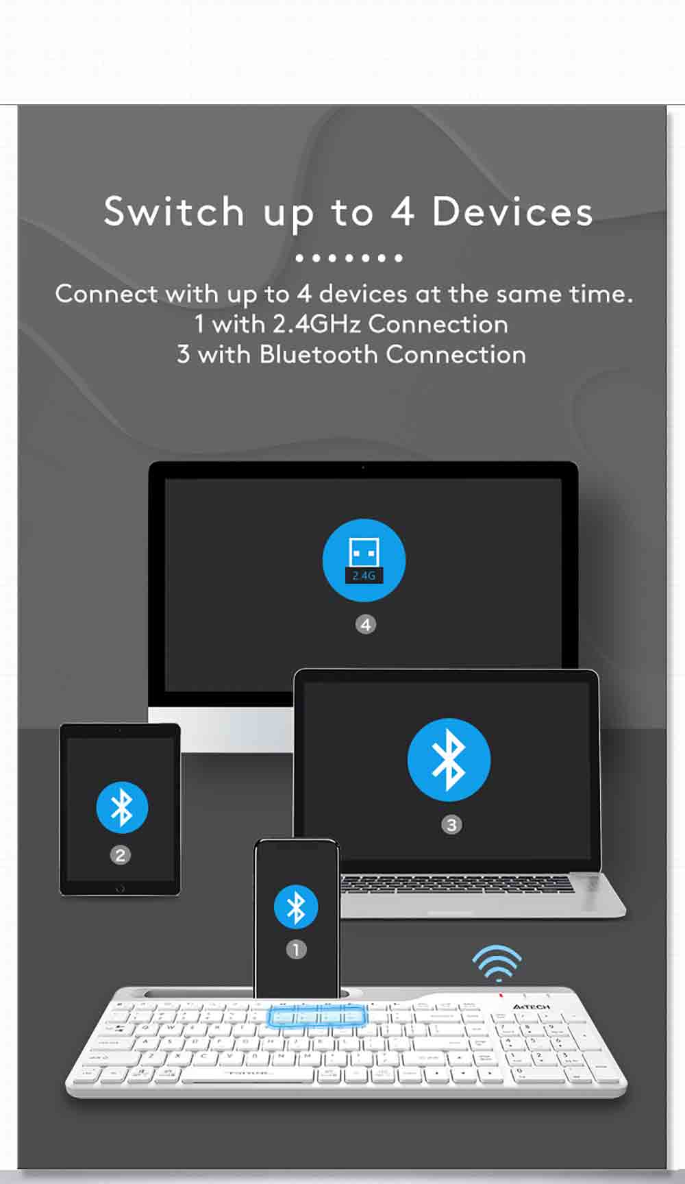 A4Tech FBK25 QuietKey Bluetooth & 2.4G Wireless Keyboard with Phone Holder Multi Devices 47 FBK25 EN PD 20221020 6