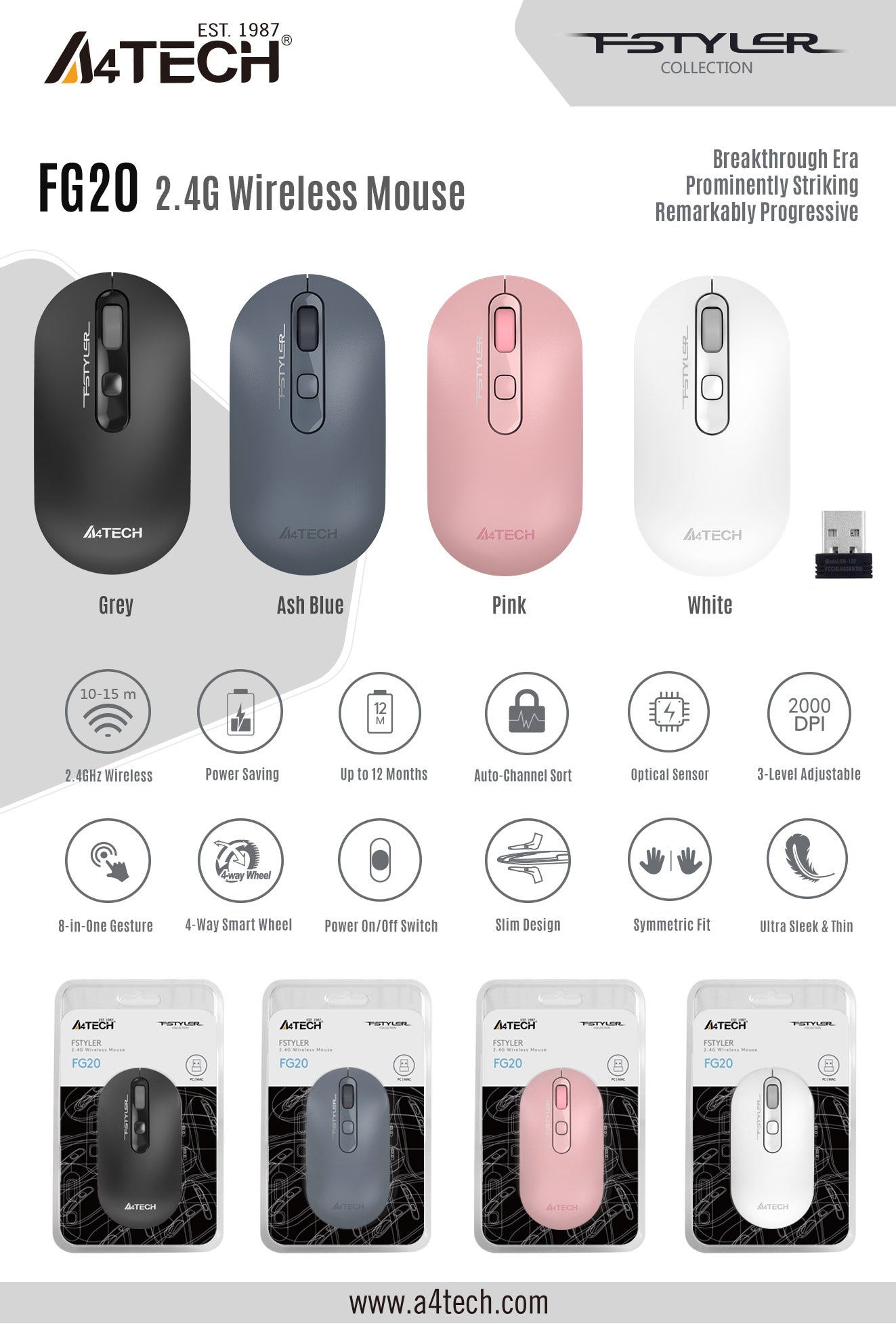 A4Tech FG20S 2.4G Wireless Mouse Silent Clicks Slim and Sleek Design 2000 DPI 3-Level Adjustable 48 FG20 EDM 20210525 1