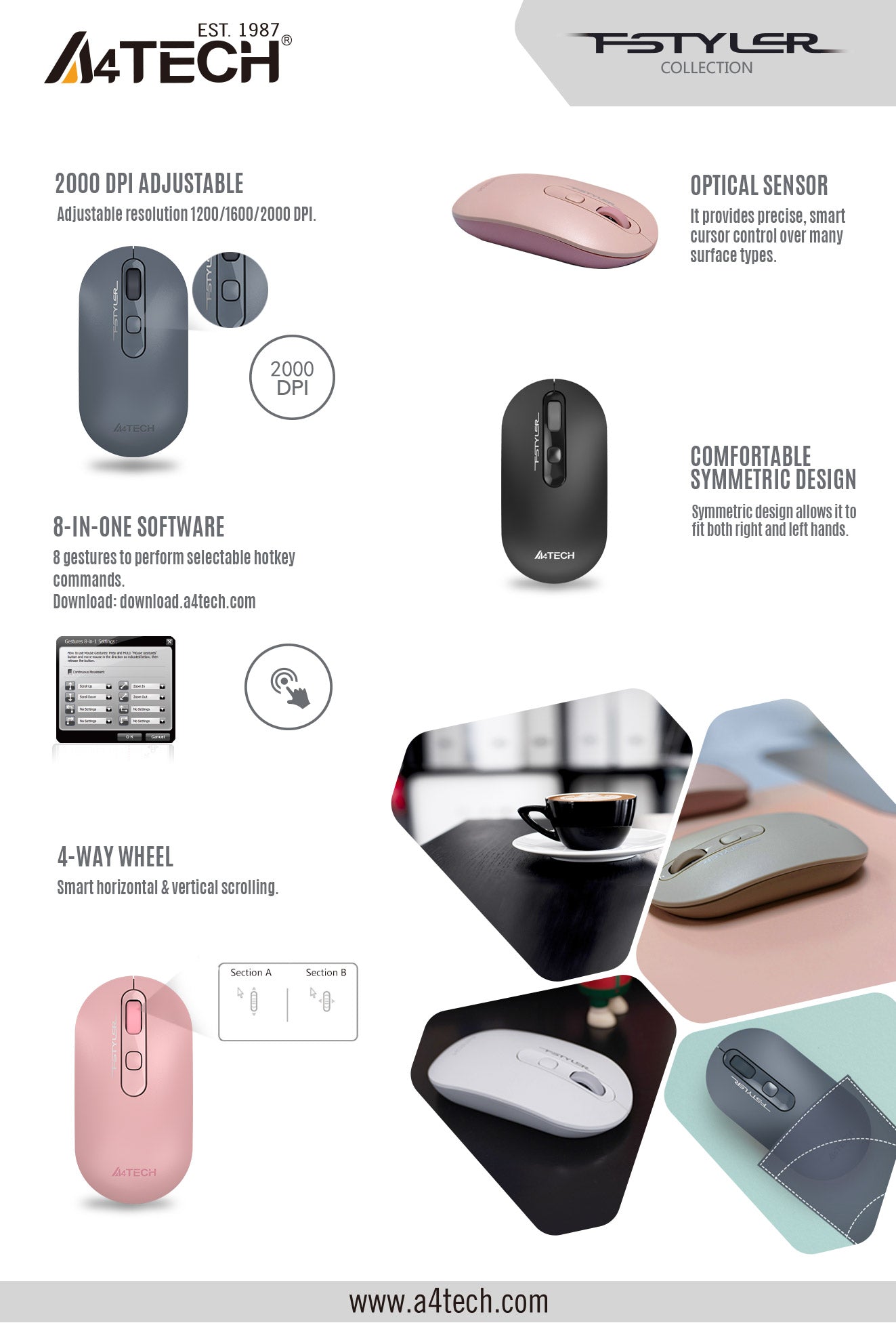 A4Tech FG20S 2.4G Wireless Mouse Silent Clicks Slim and Sleek Design 2000 DPI 3-Level Adjustable 50 FG20 EDM 20210525 3