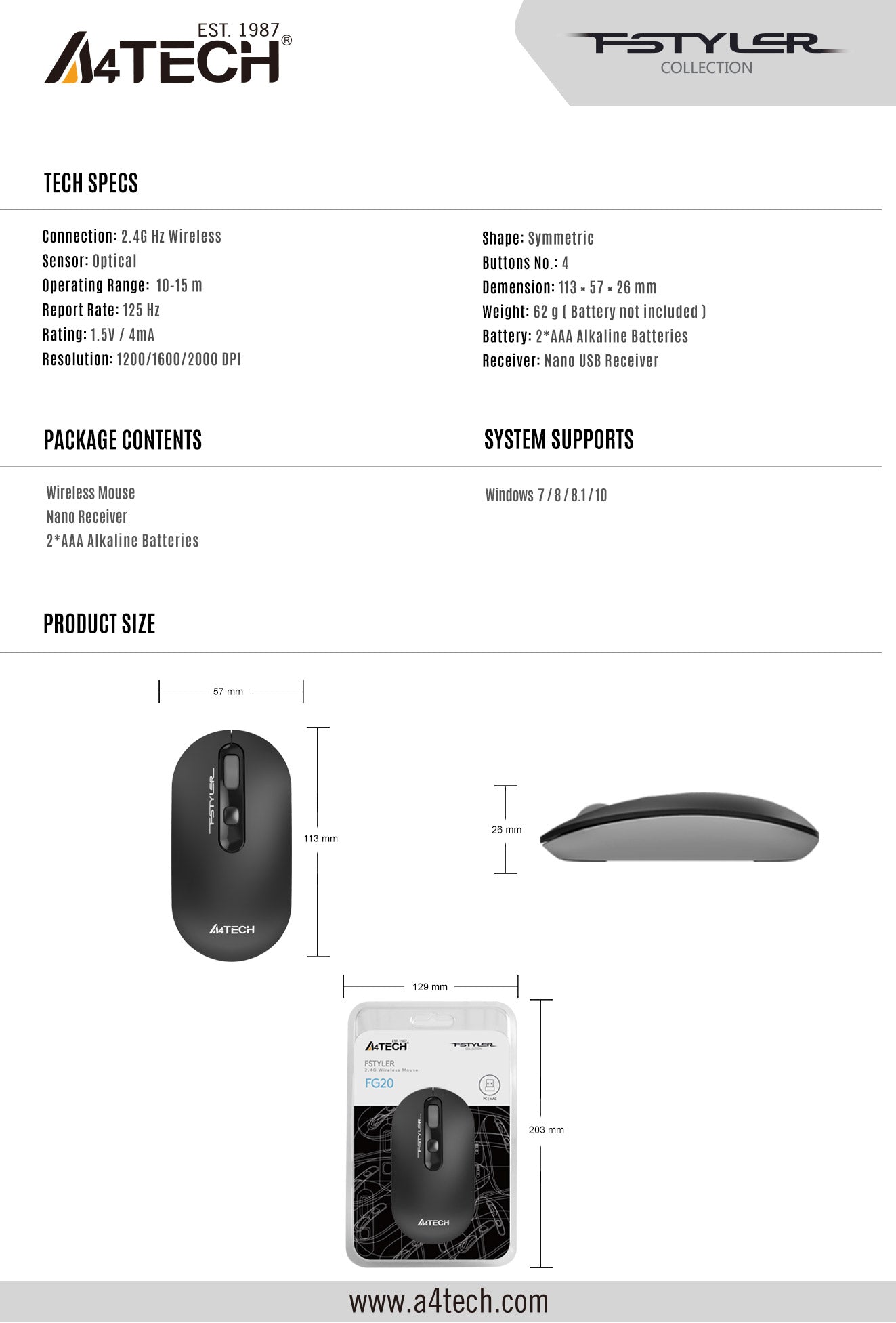 A4Tech FG20S 2.4G Wireless Mouse Silent Clicks Slim and Sleek Design 2000 DPI 3-Level Adjustable 51 FG20 EDM 20210525 4