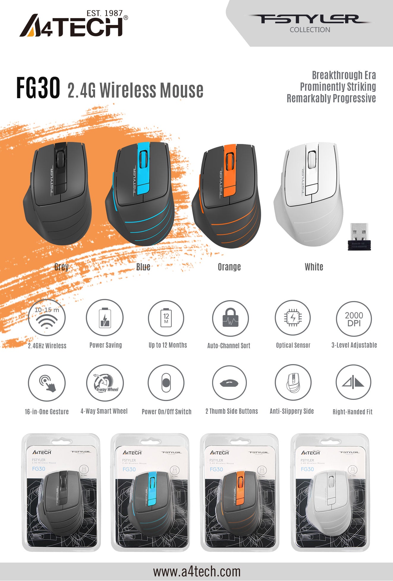 A4Tech FG30S 2.4G Wireless Mouse 2000 DPI 3-Level Adjustable Auto-Channel Sort 42 FG30 EDM 190724 1