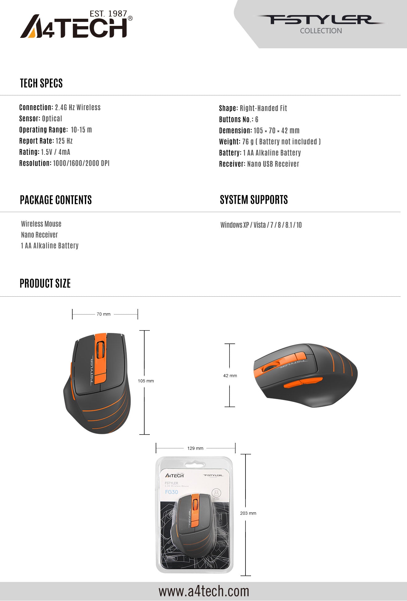 A4Tech FG30S 2.4G Wireless Mouse 2000 DPI 3-Level Adjustable Auto-Channel Sort 45 FG30 EDM 190724 4