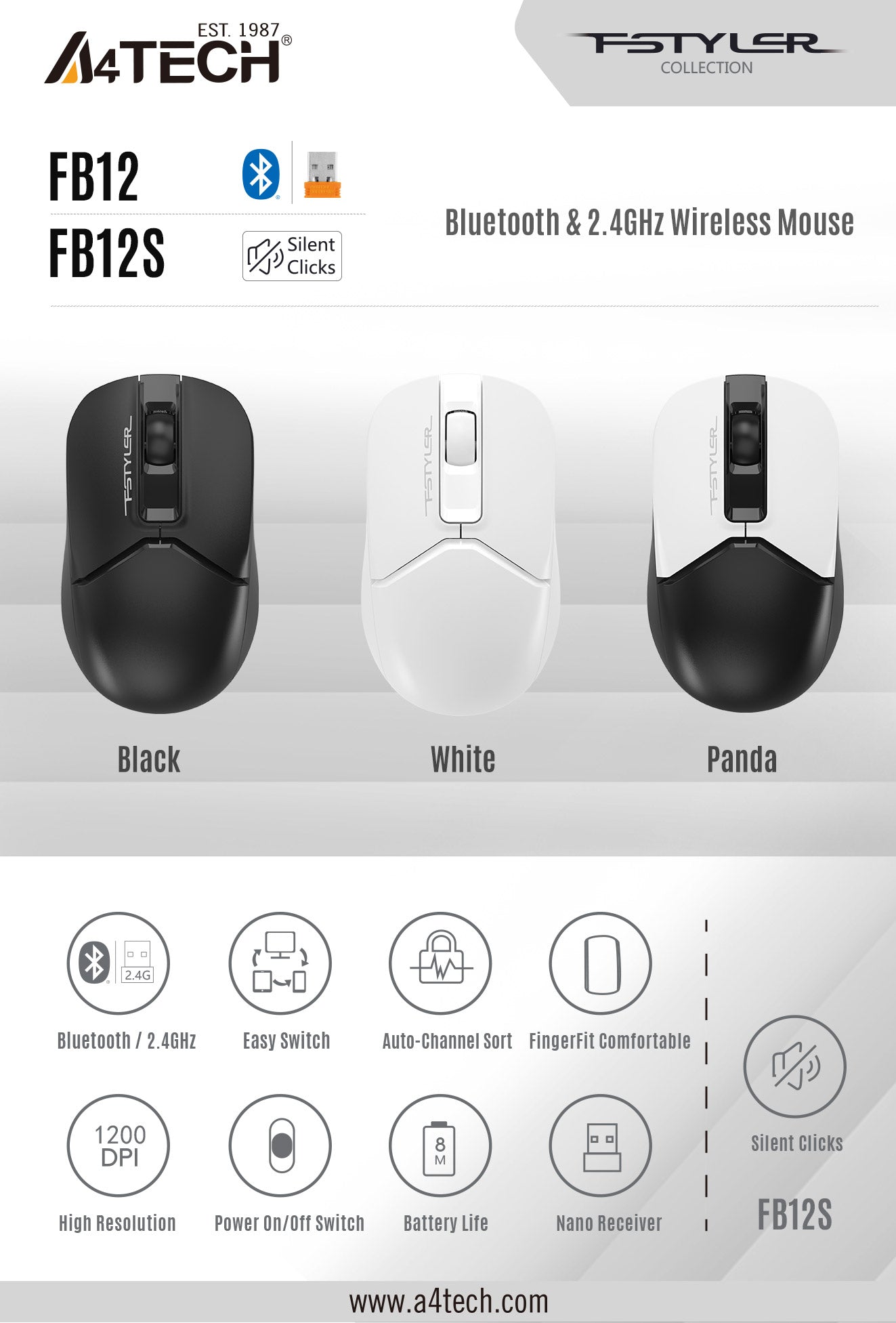 A4Tech FB12S Dual Mode Wireless Mouse Bluetooth and 2.4G Switch up to 3 Devices 42 Fstyler FB12 FB12S EDM 1