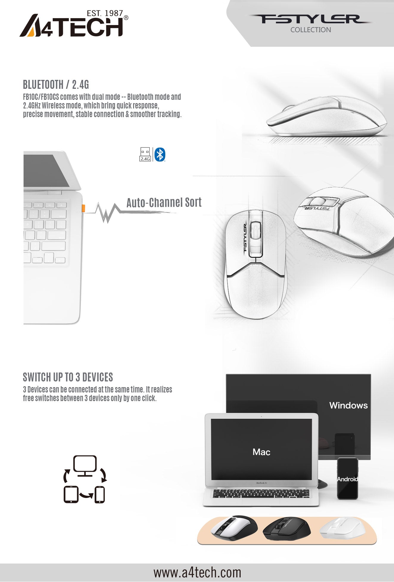 A4Tech FB12S Dual Mode Wireless Mouse Bluetooth and 2.4G Switch up to 3 Devices 43 Fstyler FB12 FB12S EDM 2