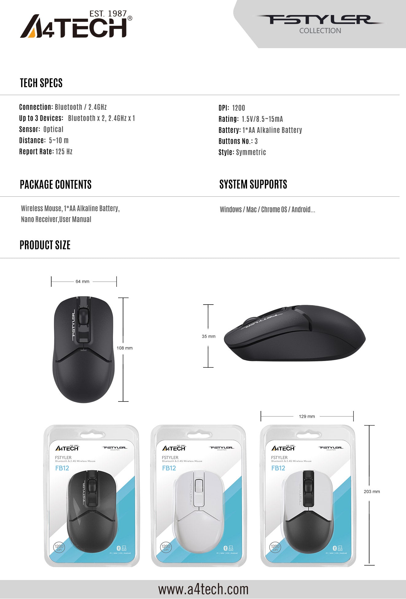 A4Tech FB12S Dual Mode Wireless Mouse Bluetooth and 2.4G Switch up to 3 Devices 45 Fstyler FB12 FB12S EDM 4jpg